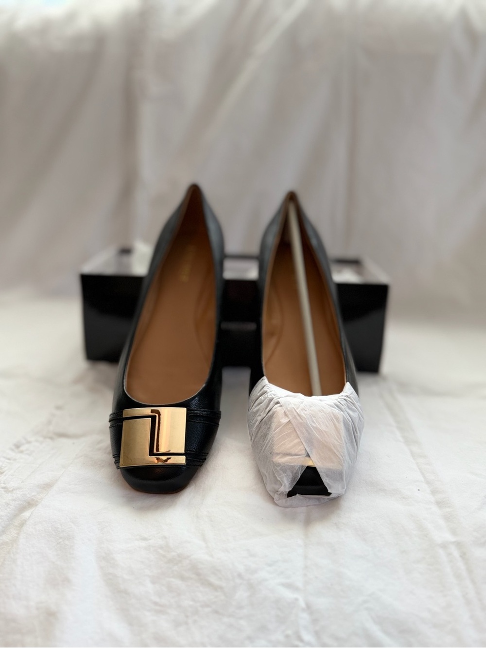 Nine West Black Leather Flats with Gold Buckle Accent